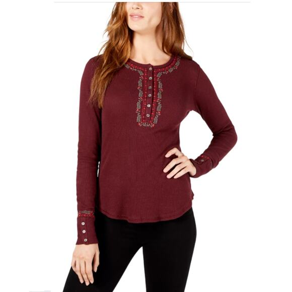 Lucky Brand Top Womens Size Small Burgundy Thermal Henley with Floral Embroidery - Picture 3 of 16